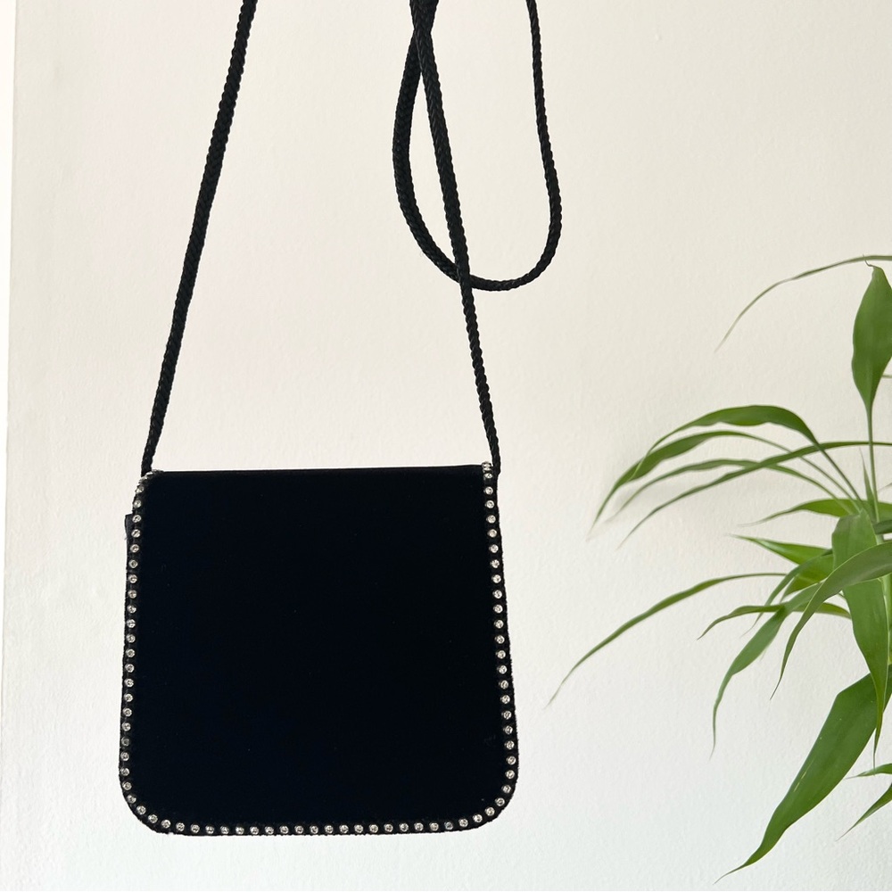 Vintage Evening Purse Black Velvet Rhinestone and Satin Crossbody Bag